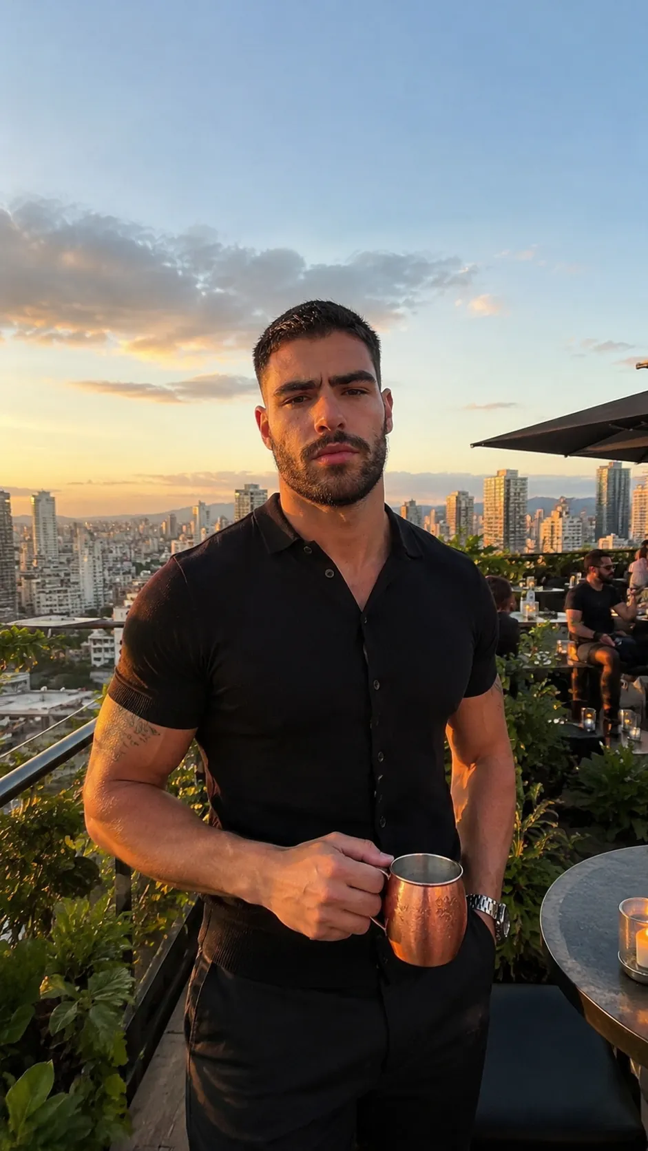 AI dating photo — rooftop bar at sunset